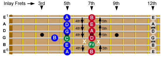 Guitar neck showing the string names and the notes heard when playing each string in the 5th, 7th, and 12th frets.  The tonic relationships of the notes are also indicated