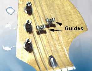 String guides help prevent guitar string from slipping out of nut groove