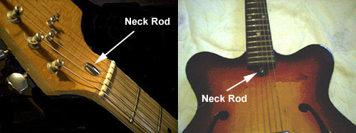The truss rod on two different guitars - A hex key is inserted into the end of the rod to straighten the guitar neck 